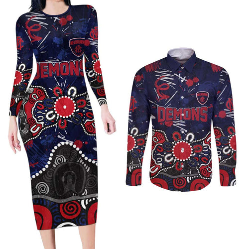 Personalized Melbourne Demons Couples Matching Long Sleeve Bodycon Dress and Long Sleeve Button Shirt Aboriginal Dot Painting Graffiti Style