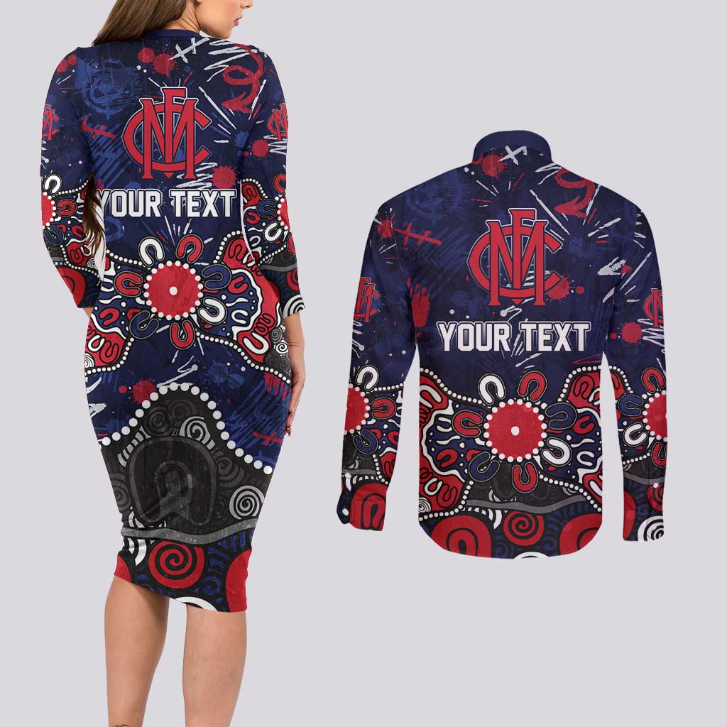 Personalized Melbourne Demons Couples Matching Long Sleeve Bodycon Dress and Long Sleeve Button Shirt Aboriginal Dot Painting Graffiti Style