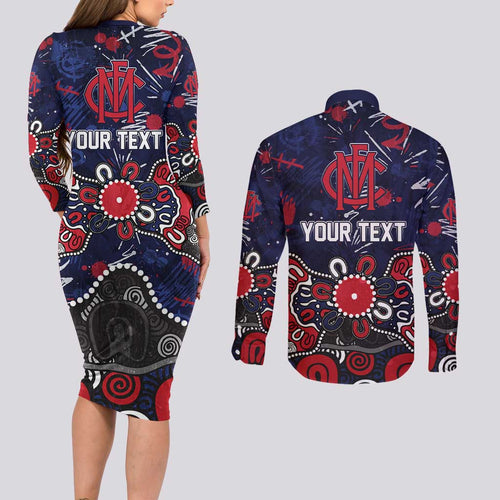 Personalized Melbourne Demons Couples Matching Long Sleeve Bodycon Dress and Long Sleeve Button Shirt Aboriginal Dot Painting Graffiti Style