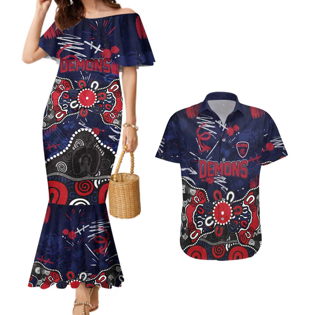 Personalized Melbourne Demons Couples Matching Mermaid Dress and Hawaiian Shirt Aboriginal Dot Painting Graffiti Style