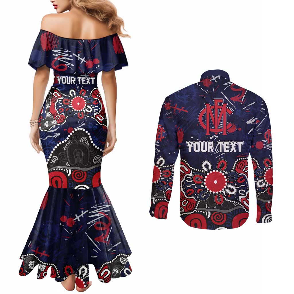 Personalized Melbourne Demons Couples Matching Mermaid Dress and Long Sleeve Button Shirt Aboriginal Dot Painting Graffiti Style