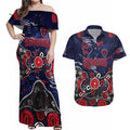Personalized Melbourne Demons Couples Matching Off Shoulder Maxi Dress and Hawaiian Shirt Aboriginal Dot Painting Graffiti Style