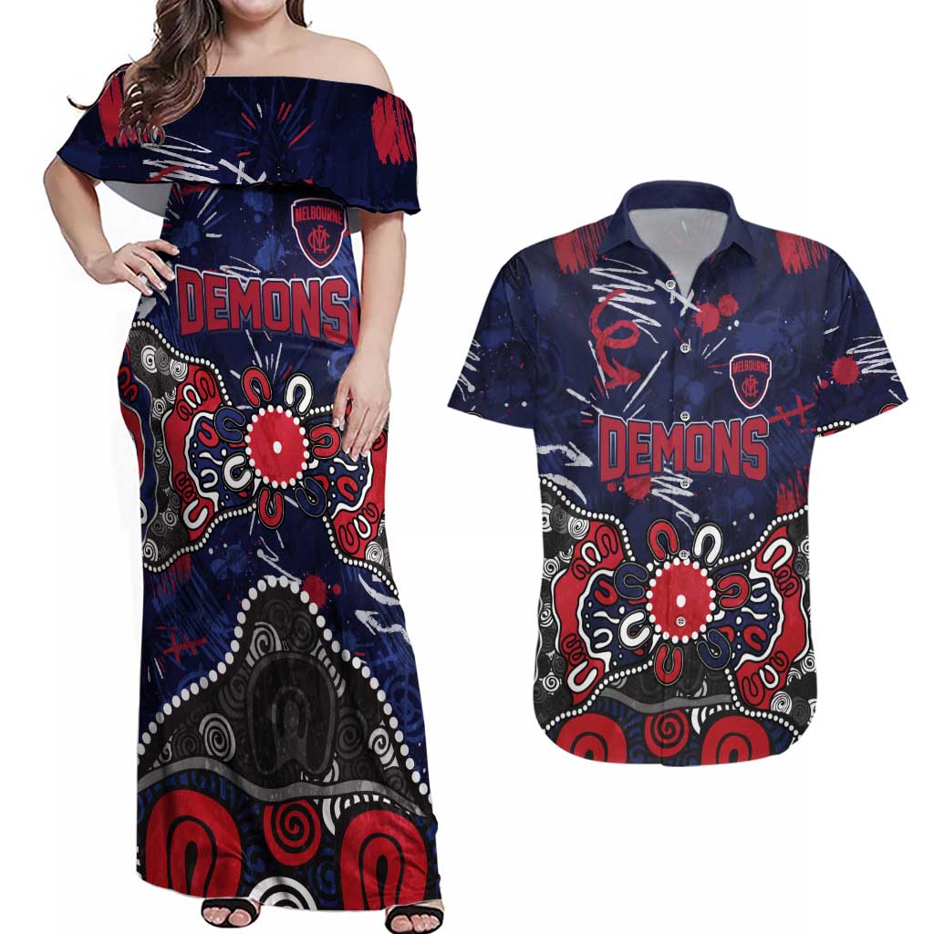 Personalized Melbourne Demons Couples Matching Off Shoulder Maxi Dress and Hawaiian Shirt Aboriginal Dot Painting Graffiti Style