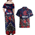 Personalized Melbourne Demons Couples Matching Off Shoulder Maxi Dress and Hawaiian Shirt Aboriginal Dot Painting Graffiti Style