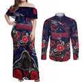 Personalized Melbourne Demons Couples Matching Off Shoulder Maxi Dress and Long Sleeve Button Shirt Aboriginal Dot Painting Graffiti Style