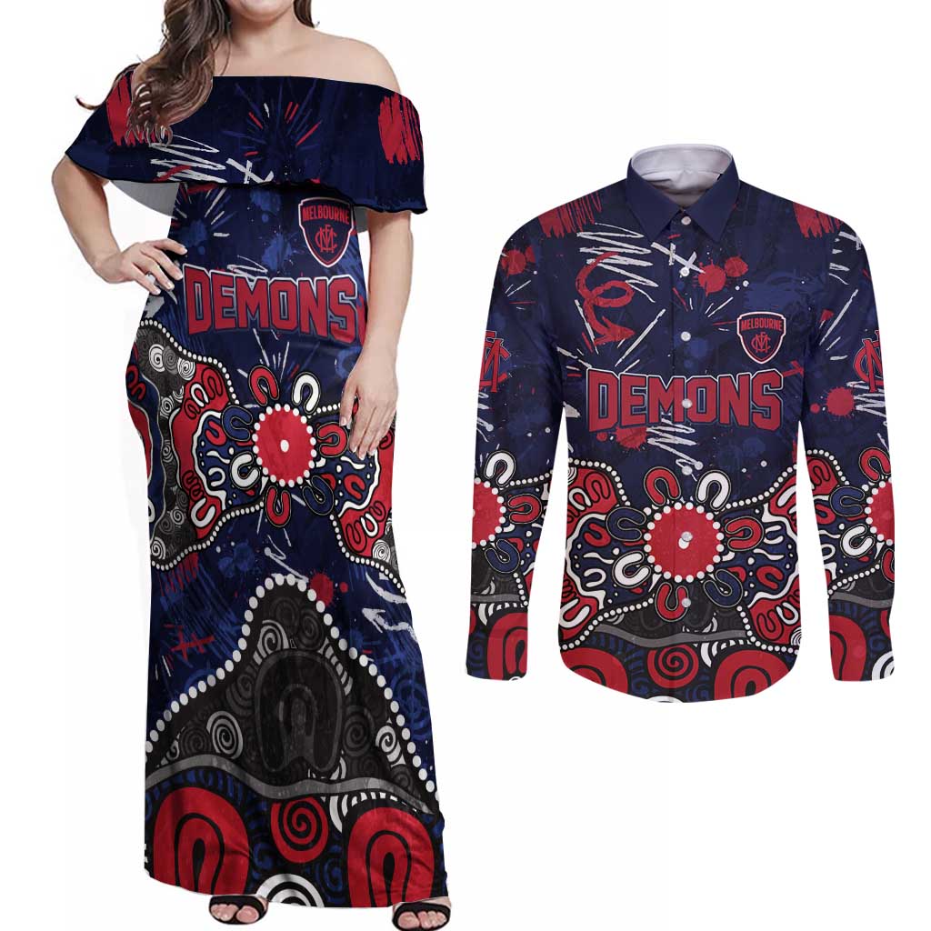 Personalized Melbourne Demons Couples Matching Off Shoulder Maxi Dress and Long Sleeve Button Shirt Aboriginal Dot Painting Graffiti Style
