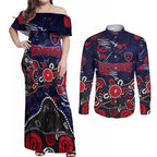 Personalized Melbourne Demons Couples Matching Off Shoulder Maxi Dress and Long Sleeve Button Shirt Aboriginal Dot Painting Graffiti Style