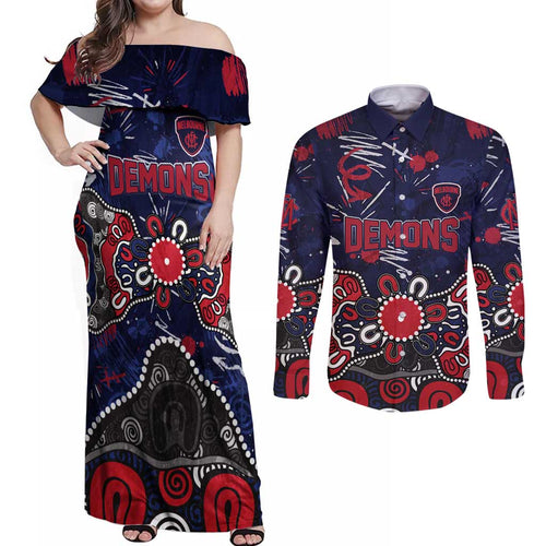 Personalized Melbourne Demons Couples Matching Off Shoulder Maxi Dress and Long Sleeve Button Shirt Aboriginal Dot Painting Graffiti Style