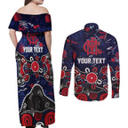 Personalized Melbourne Demons Couples Matching Off Shoulder Maxi Dress and Long Sleeve Button Shirt Aboriginal Dot Painting Graffiti Style