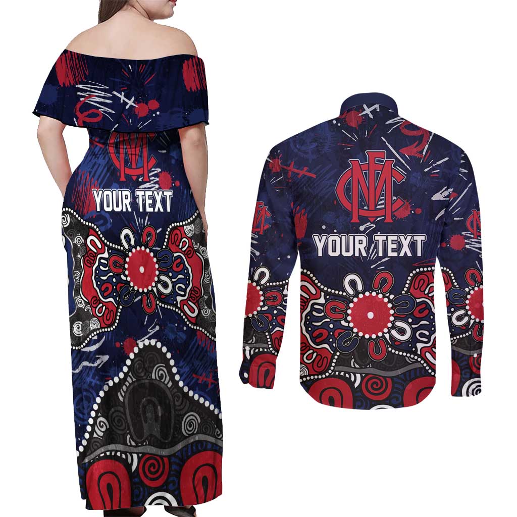 Personalized Melbourne Demons Couples Matching Off Shoulder Maxi Dress and Long Sleeve Button Shirt Aboriginal Dot Painting Graffiti Style