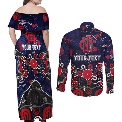 Personalized Melbourne Demons Couples Matching Off Shoulder Maxi Dress and Long Sleeve Button Shirt Aboriginal Dot Painting Graffiti Style