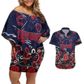 Personalized Melbourne Demons Couples Matching Off Shoulder Short Dress and Hawaiian Shirt Aboriginal Dot Painting Graffiti Style
