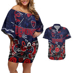 Personalized Melbourne Demons Couples Matching Off Shoulder Short Dress and Hawaiian Shirt Aboriginal Dot Painting Graffiti Style