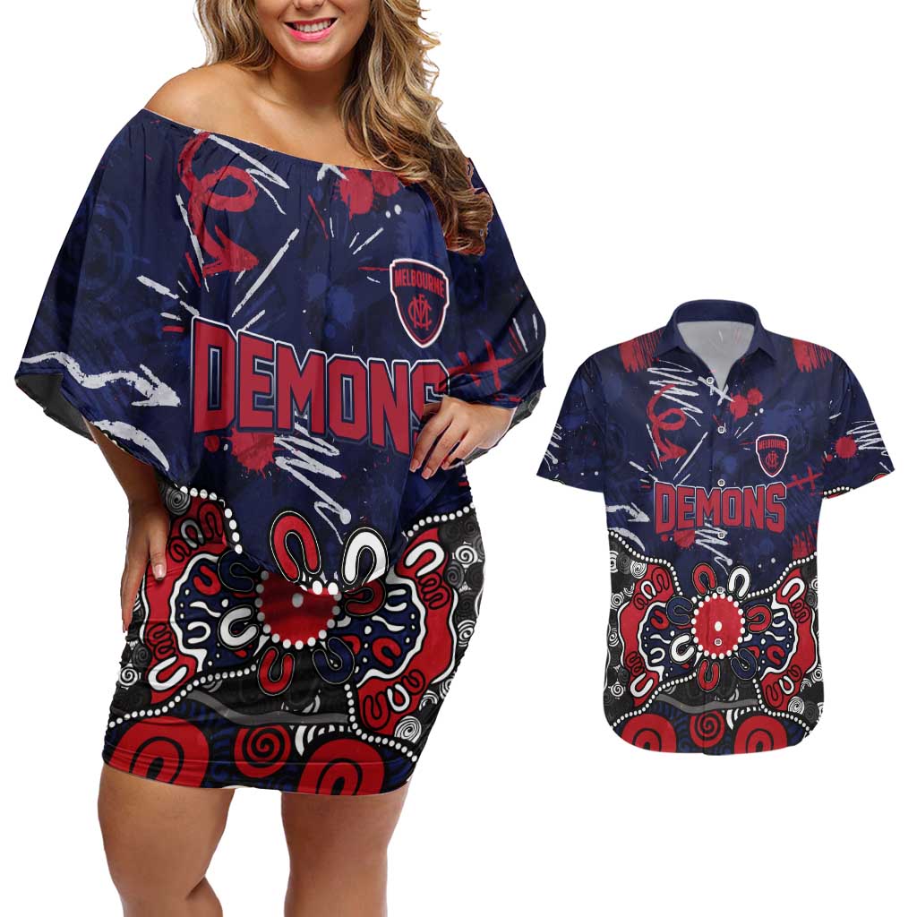 Personalized Melbourne Demons Couples Matching Off Shoulder Short Dress and Hawaiian Shirt Aboriginal Dot Painting Graffiti Style