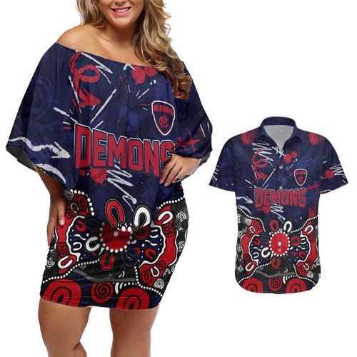 Personalized Melbourne Demons Couples Matching Off Shoulder Short Dress and Hawaiian Shirt Aboriginal Dot Painting Graffiti Style