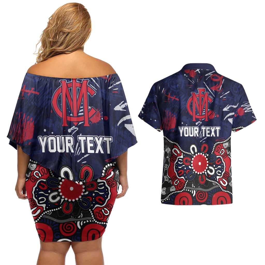Personalized Melbourne Demons Couples Matching Off Shoulder Short Dress and Hawaiian Shirt Aboriginal Dot Painting Graffiti Style