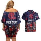 Personalized Melbourne Demons Couples Matching Off Shoulder Short Dress and Hawaiian Shirt Aboriginal Dot Painting Graffiti Style