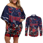 Personalized Melbourne Demons Couples Matching Off Shoulder Short Dress and Long Sleeve Button Shirt Aboriginal Dot Painting Graffiti Style
