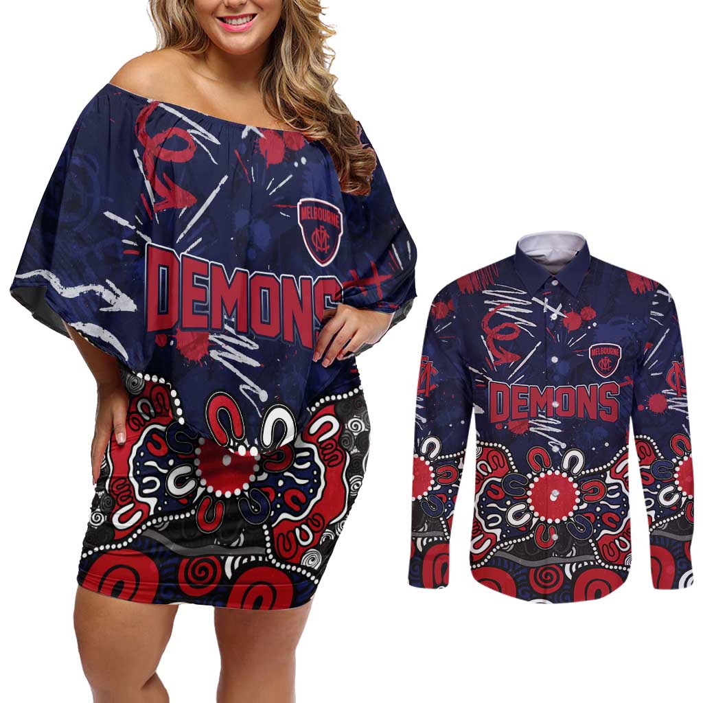 Personalized Melbourne Demons Couples Matching Off Shoulder Short Dress and Long Sleeve Button Shirt Aboriginal Dot Painting Graffiti Style