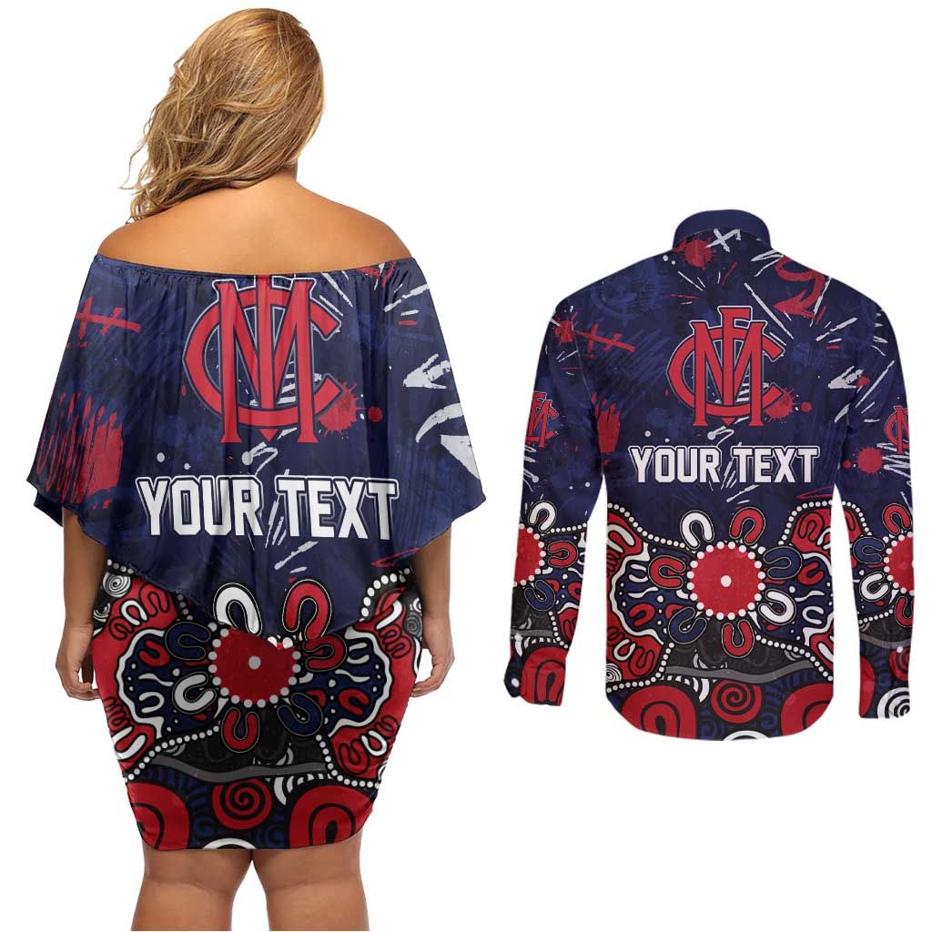 Personalized Melbourne Demons Couples Matching Off Shoulder Short Dress and Long Sleeve Button Shirt Aboriginal Dot Painting Graffiti Style