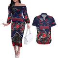 Personalized Melbourne Demons Couples Matching Off The Shoulder Long Sleeve Dress and Hawaiian Shirt Aboriginal Dot Painting Graffiti Style