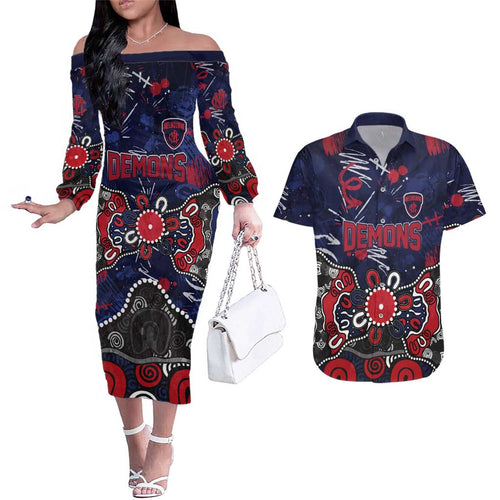 Personalized Melbourne Demons Couples Matching Off The Shoulder Long Sleeve Dress and Hawaiian Shirt Aboriginal Dot Painting Graffiti Style