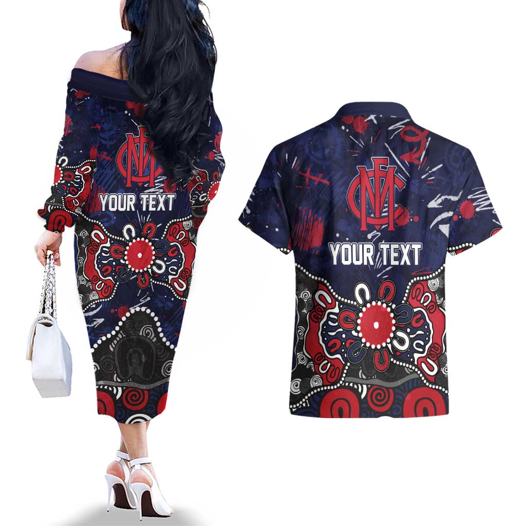 Personalized Melbourne Demons Couples Matching Off The Shoulder Long Sleeve Dress and Hawaiian Shirt Aboriginal Dot Painting Graffiti Style