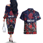 Personalized Melbourne Demons Couples Matching Off The Shoulder Long Sleeve Dress and Hawaiian Shirt Aboriginal Dot Painting Graffiti Style