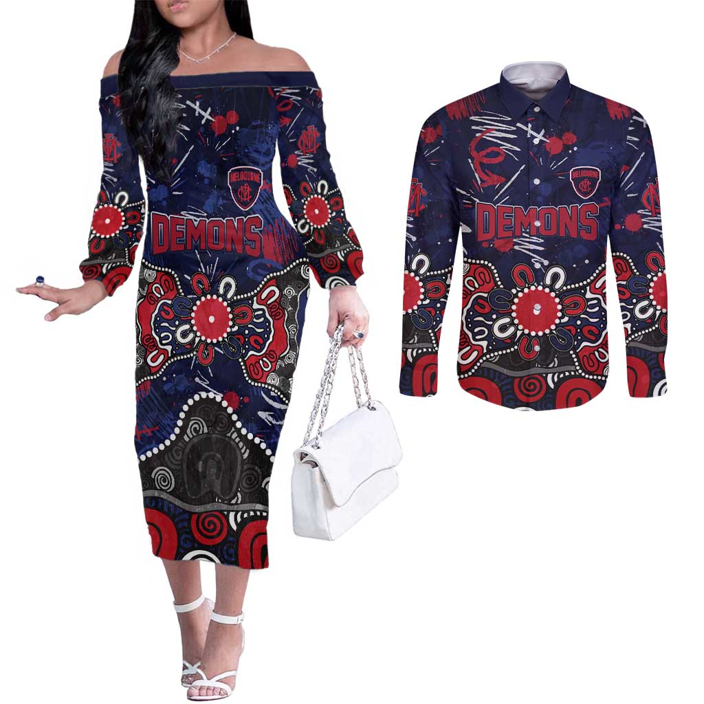 Personalized Melbourne Demons Couples Matching Off The Shoulder Long Sleeve Dress and Long Sleeve Button Shirt Aboriginal Dot Painting Graffiti Style