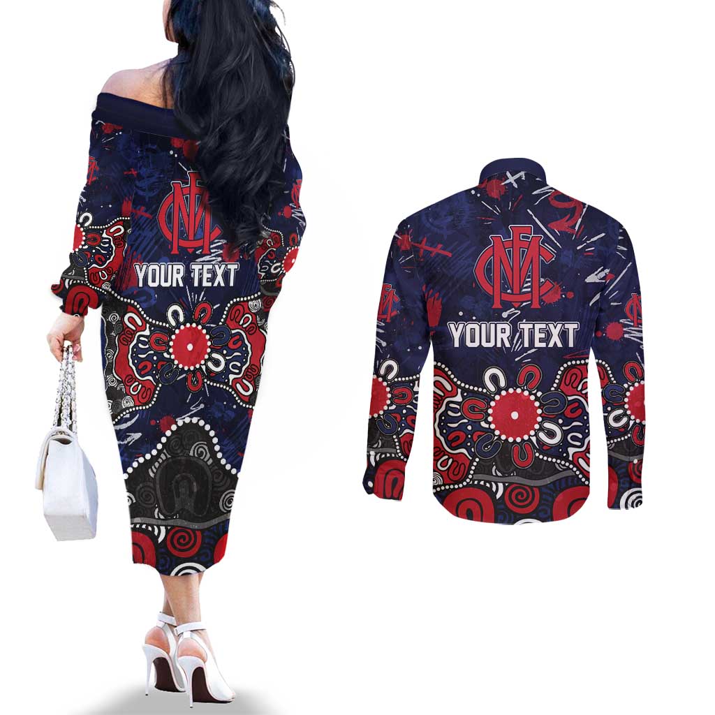 Personalized Melbourne Demons Couples Matching Off The Shoulder Long Sleeve Dress and Long Sleeve Button Shirt Aboriginal Dot Painting Graffiti Style