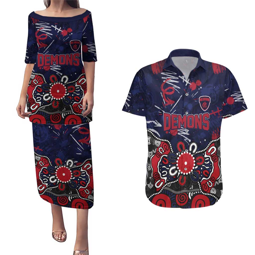 Personalized Melbourne Demons Couples Matching Puletasi and Hawaiian Shirt Aboriginal Dot Painting Graffiti Style