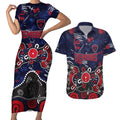 Personalized Melbourne Demons Couples Matching Short Sleeve Bodycon Dress and Hawaiian Shirt Aboriginal Dot Painting Graffiti Style