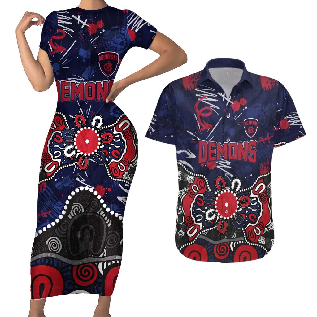 Personalized Melbourne Demons Couples Matching Short Sleeve Bodycon Dress and Hawaiian Shirt Aboriginal Dot Painting Graffiti Style
