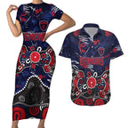 Personalized Melbourne Demons Couples Matching Short Sleeve Bodycon Dress and Hawaiian Shirt Aboriginal Dot Painting Graffiti Style
