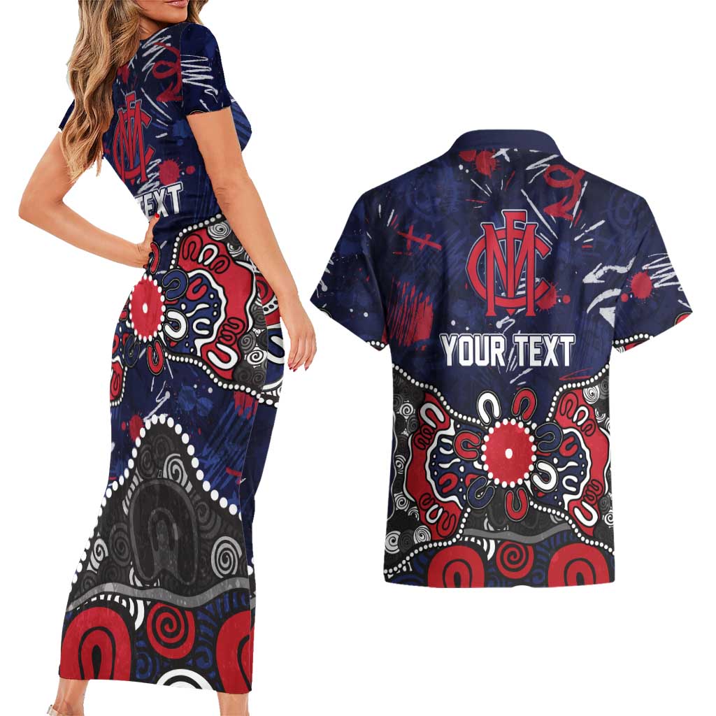 Personalized Melbourne Demons Couples Matching Short Sleeve Bodycon Dress and Hawaiian Shirt Aboriginal Dot Painting Graffiti Style