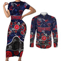 Personalized Melbourne Demons Couples Matching Short Sleeve Bodycon Dress and Long Sleeve Button Shirt Aboriginal Dot Painting Graffiti Style
