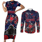Personalized Melbourne Demons Couples Matching Short Sleeve Bodycon Dress and Long Sleeve Button Shirt Aboriginal Dot Painting Graffiti Style
