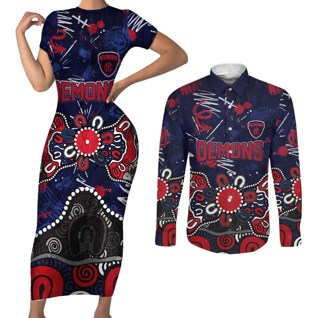 Personalized Melbourne Demons Couples Matching Short Sleeve Bodycon Dress and Long Sleeve Button Shirt Aboriginal Dot Painting Graffiti Style