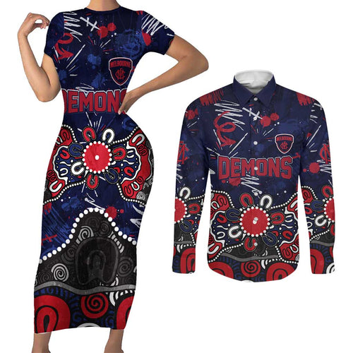 Personalized Melbourne Demons Couples Matching Short Sleeve Bodycon Dress and Long Sleeve Button Shirt Aboriginal Dot Painting Graffiti Style