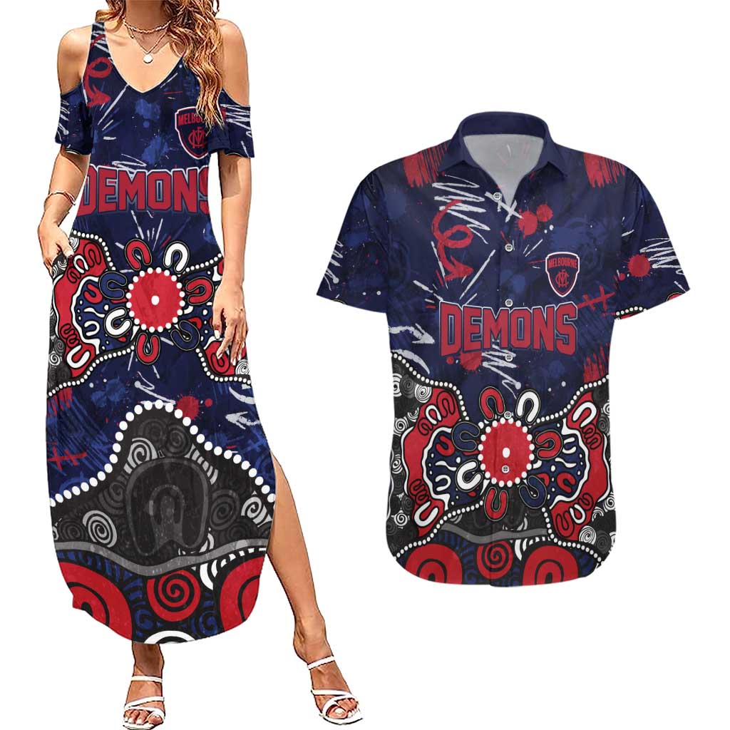 Personalized Melbourne Demons Couples Matching Summer Maxi Dress and Hawaiian Shirt Aboriginal Dot Painting Graffiti Style