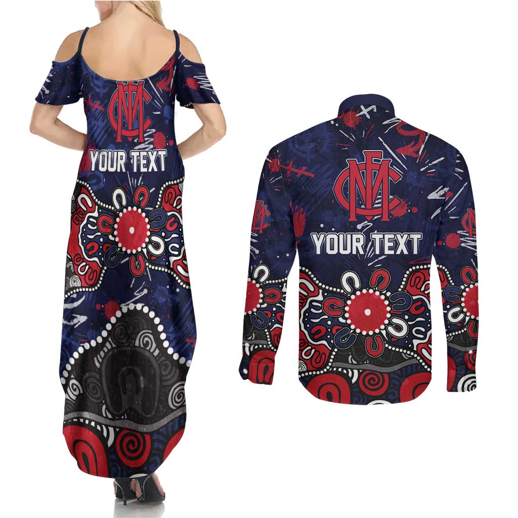 Personalized Melbourne Demons Couples Matching Summer Maxi Dress and Long Sleeve Button Shirt Aboriginal Dot Painting Graffiti Style
