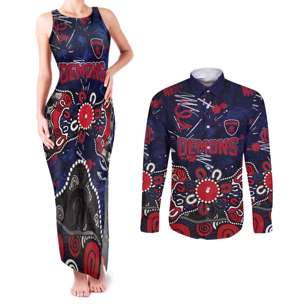 Personalized Melbourne Demons Couples Matching Tank Maxi Dress and Long Sleeve Button Shirt Aboriginal Dot Painting Graffiti Style