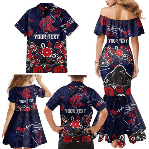 Personalized Melbourne Demons Family Matching Mermaid Dress and Hawaiian Shirt Aboriginal Dot Painting Graffiti Style