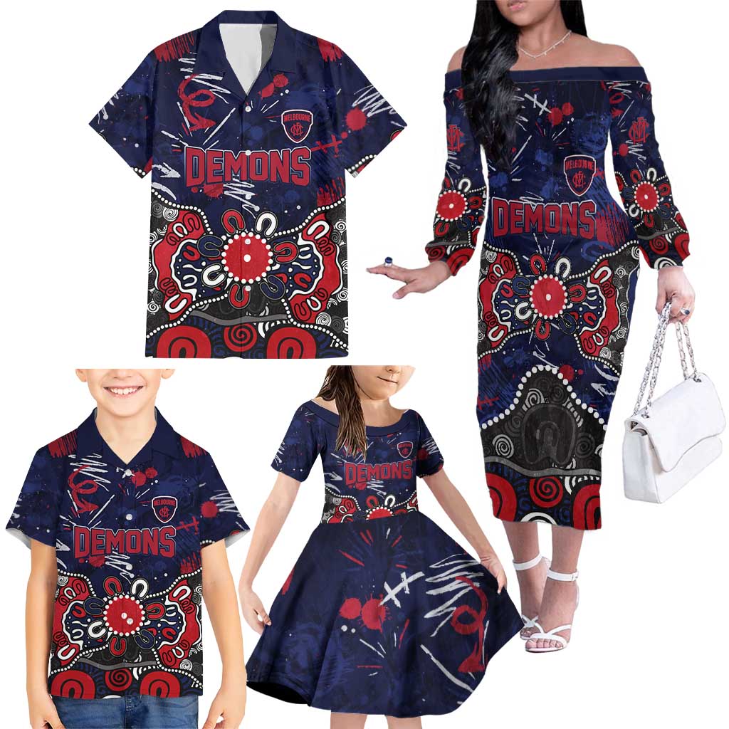 Personalized Melbourne Demons Family Matching Off The Shoulder Long Sleeve Dress and Hawaiian Shirt Aboriginal Dot Painting Graffiti Style