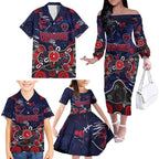 Personalized Melbourne Demons Family Matching Off The Shoulder Long Sleeve Dress and Hawaiian Shirt Aboriginal Dot Painting Graffiti Style