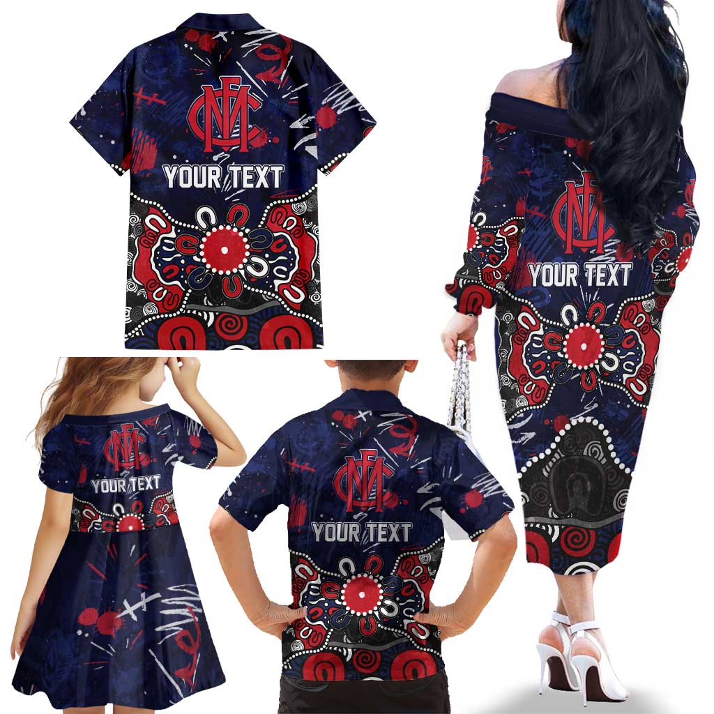 Personalized Melbourne Demons Family Matching Off The Shoulder Long Sleeve Dress and Hawaiian Shirt Aboriginal Dot Painting Graffiti Style