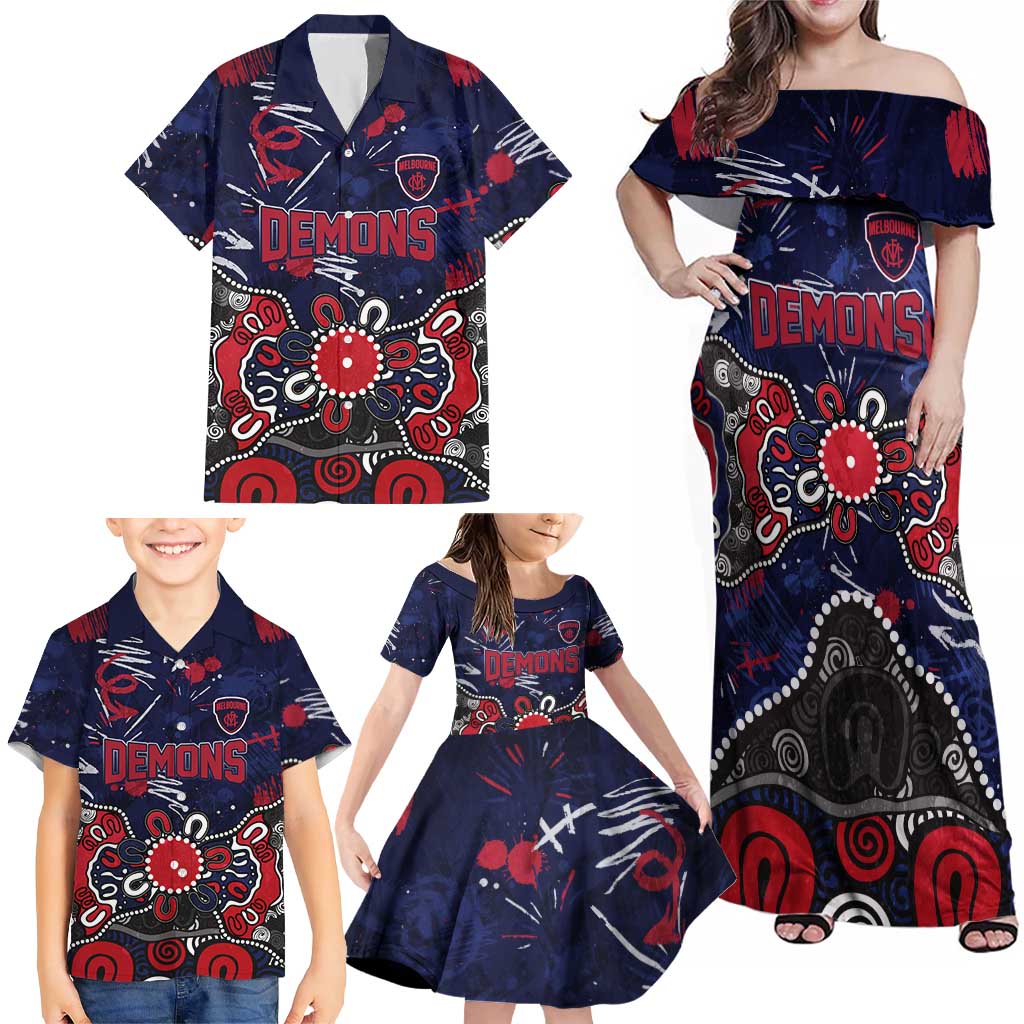 Personalized Melbourne Demons Family Matching Off Shoulder Maxi Dress and Hawaiian Shirt Aboriginal Dot Painting Graffiti Style
