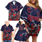 Personalized Melbourne Demons Family Matching Off Shoulder Short Dress and Hawaiian Shirt Aboriginal Dot Painting Graffiti Style
