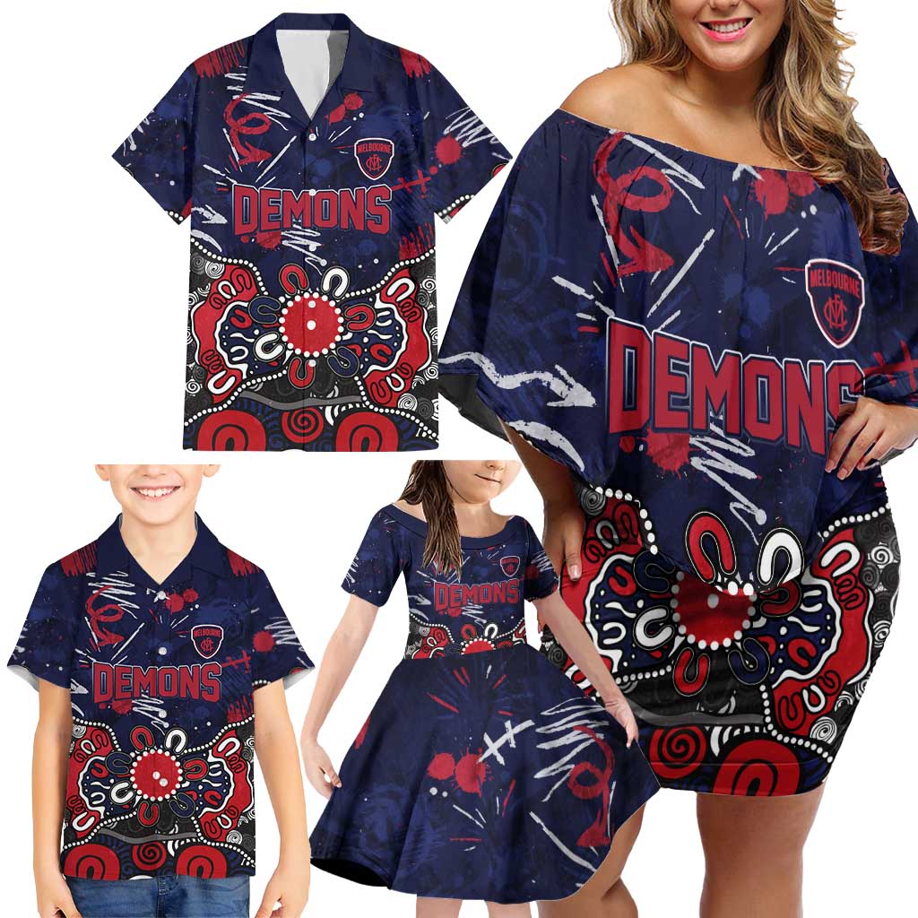 Personalized Melbourne Demons Family Matching Off Shoulder Short Dress and Hawaiian Shirt Aboriginal Dot Painting Graffiti Style
