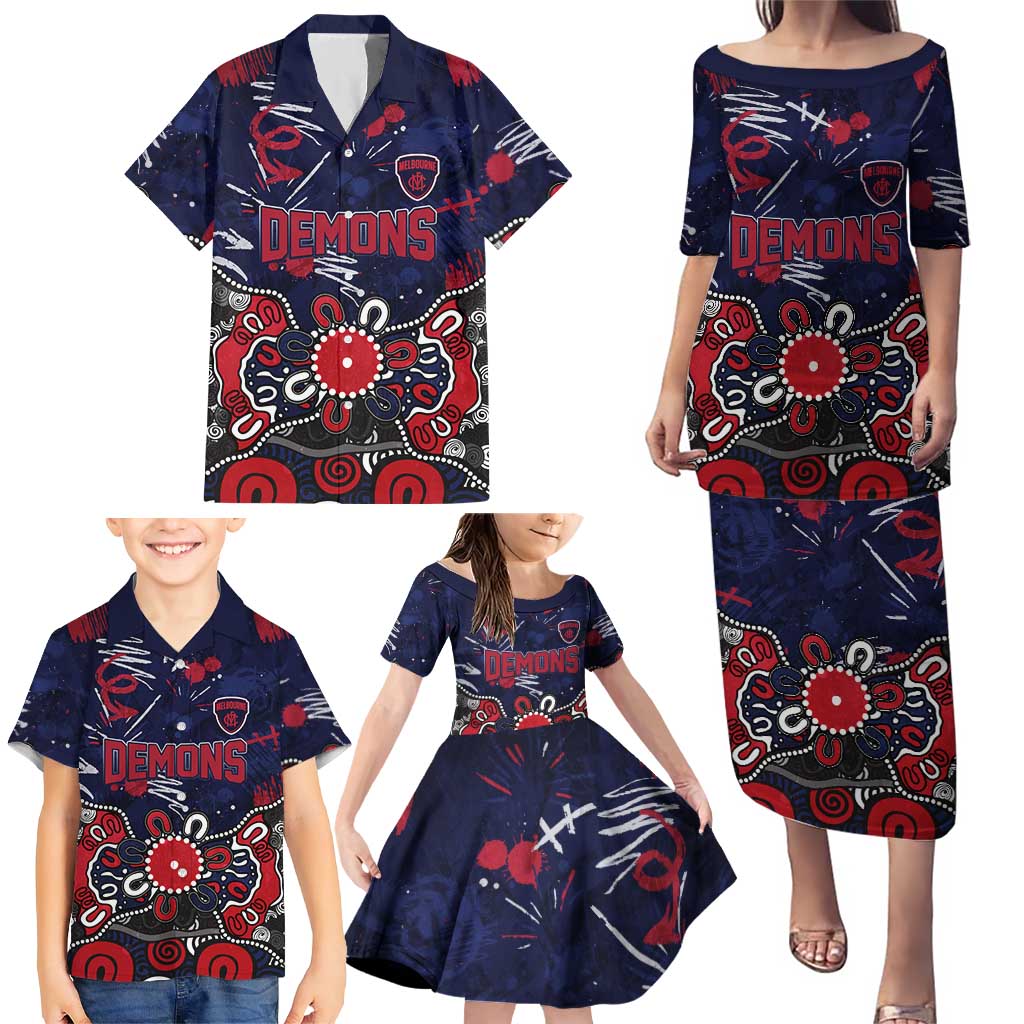 Personalized Melbourne Demons Family Matching Puletasi and Hawaiian Shirt Aboriginal Dot Painting Graffiti Style